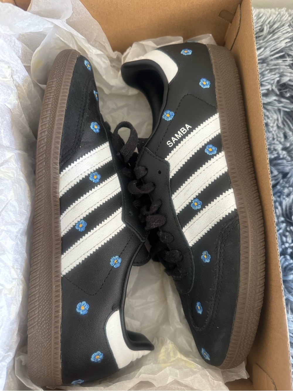 adidas Samba Black with White Stripes and Blue Floral Accents